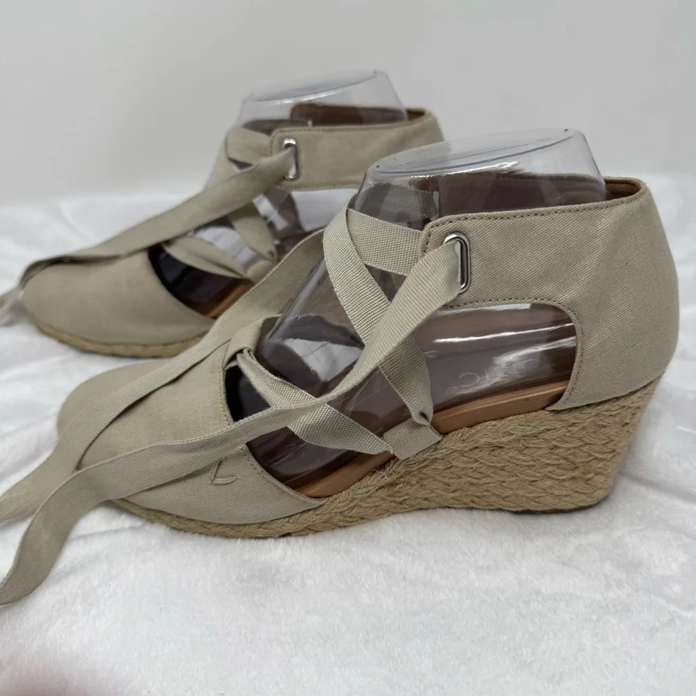 Vionic Kaitlyn Women's‎ Wedge Orthotic Sandal Oat Beige Canvas Size 8 Tie Strap